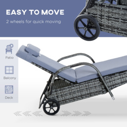 Outsunny 3 Pieces Rattan Sun Loungers, Garden Wicker Wheeling Recliner , PE Rattan Lounge Chairs w/ Cushions & Side Coffee Table Grey - Aosom UK - thumbnail 6
