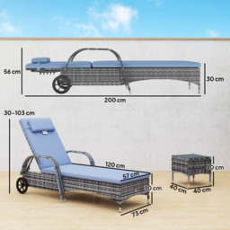 Outsunny 3 Pieces Rattan Sun Loungers, Garden Wicker Wheeling Recliner , PE Rattan Lounge Chairs w/ Cushions & Side Coffee Table Grey - Aosom UK - thumbnail 3
