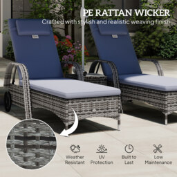 Outsunny 3 Pieces Rattan Sun Loungers, Garden Wicker Wheeling Recliner , PE Rattan Lounge Chairs w/ Cushions & Side Coffee Table Grey - Aosom UK - thumbnail 5