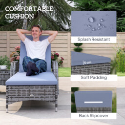 Outsunny 3 Pieces Rattan Sun Loungers, Garden Wicker Wheeling Recliner , PE Rattan Lounge Chairs w/ Cushions & Side Coffee Table Grey - Aosom UK - thumbnail 7