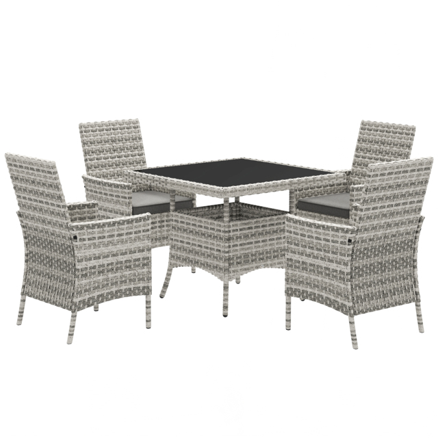 Outsunny Rattan Garden Furniture Set, Outdoor Dining Table and Chairs 4 Seater with Cushions, Square Tempered Glass Top, 4 Armchairs, for Balcony, Terrace, Conservatory, Mixed-Grey - image 1