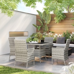 Outsunny Rattan Garden Furniture Set, Outdoor Dining Table and Chairs 4 Seater with Cushions, Square Tempered Glass Top, 4 Armchairs, for Balcony, Terrace, Conservatory, Mixed-Grey - thumbnail 9