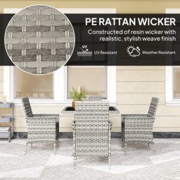 Outsunny Rattan Garden Furniture Set, Outdoor Dining Table and Chairs 4 Seater with Cushions, Square Tempered Glass Top, 4 Armchairs, for Balcony, Terrace, Conservatory, Mixed-Grey - thumbnail 5