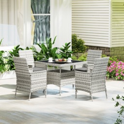Outsunny Rattan Garden Furniture Set, Outdoor Dining Table and Chairs 4 Seater with Cushions, Square Tempered Glass Top, 4 Armchairs, for Balcony, Terrace, Conservatory, Mixed-Grey - thumbnail 8