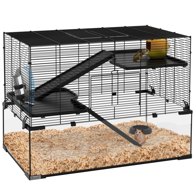 PawHut 3 Tiers Hamster Cage, Gerbil Cage with Deep Glass Bottom, Non-Slip Ramps, Platforms, Hut Exercise Wheels Water Bottle for Syrian Dwarf Hamster - image 1