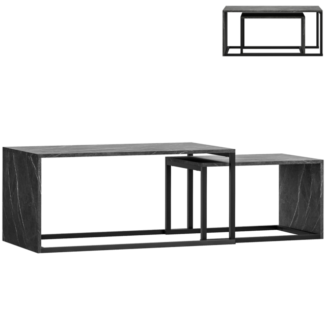 HOMCOM Coffee Tables Set of 2, Industrial Nest of Tables with Metal Frame for Living Room Bedroom, Dark Grey Marble Effect - image 1