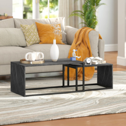 HOMCOM Coffee Tables Set of 2, Industrial Nest of Tables with Metal Frame for Living Room Bedroom, Dark Grey Marble Effect - thumbnail 2