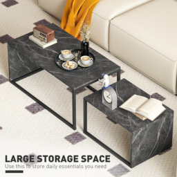 HOMCOM Coffee Tables Set of 2, Industrial Nest of Tables with Metal Frame for Living Room Bedroom, Dark Grey Marble Effect - thumbnail 4