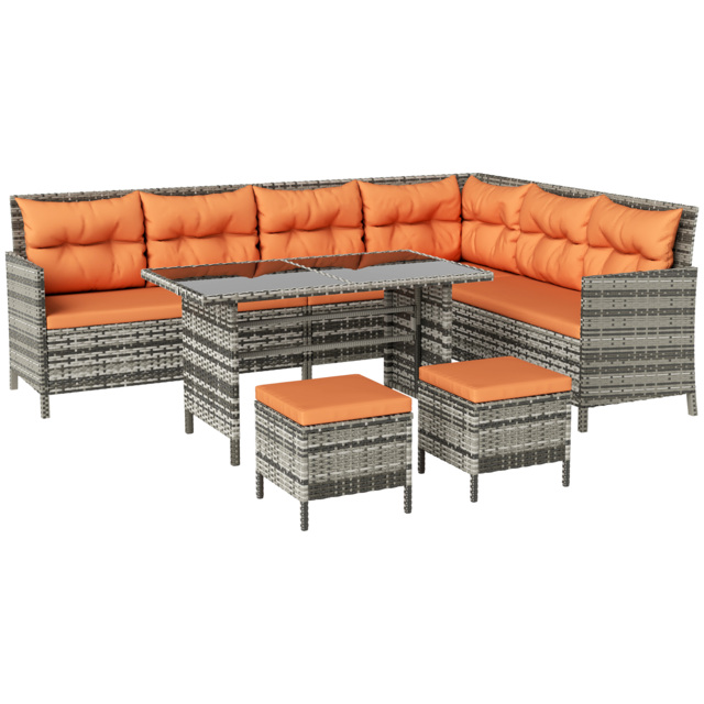 Outsunny 7-Seater Patio wicker Sofa Set Rattan Chair Furniture w/ Glass & Cushioned, Orange - image 1