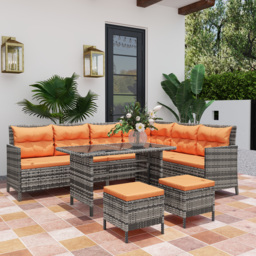 Outsunny 7-Seater Patio wicker Sofa Set Rattan Chair Furniture w/ Glass & Cushioned, Orange - thumbnail 7
