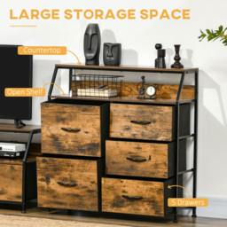 HOMCOM Bedroom Chest of Drawers, Industrial 5 Fabric Drawer Dresser with Open Shelf for Living Room, Rustic Brown - Aosom UK - thumbnail 4