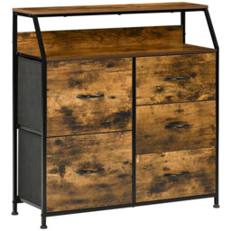 HOMCOM Bedroom Chest of Drawers, Industrial 5 Fabric Drawer Dresser with Open Shelf for Living Room, Rustic Brown - Aosom UK