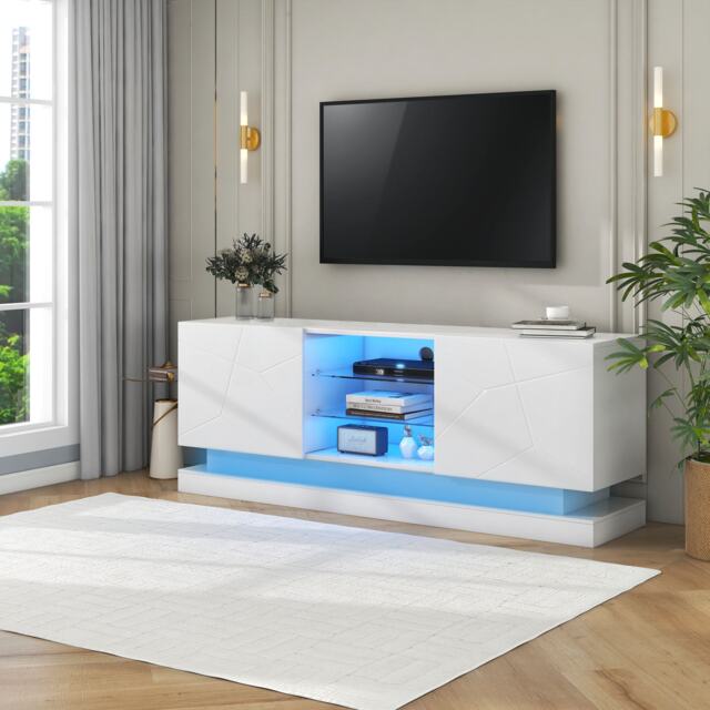 "Modern High Gloss TV Cabinet Stand with Smart LED Lighting, Tempered Glass Shelves, Particle Board Entertainment Centre for 70"" TV, White - Aosom UK" - image 1