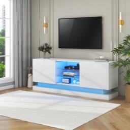 "Modern High Gloss TV Cabinet Stand with Smart LED Lighting, Tempered Glass Shelves, Particle Board Entertainment Centre for 70"" TV, White - Aosom UK" - thumbnail 1