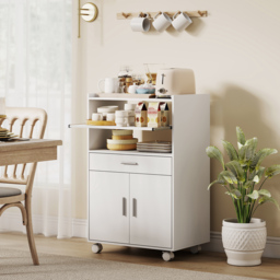 HOMCOM Kitchen Trolley with Wheels, Modern Mobile Microwave Stand with Slide-Out Shelf, Drawer and 2 Doors for Dining Room - thumbnail 2