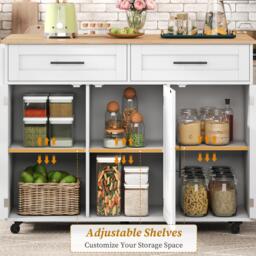 Modern Kitchen Trolley with 2 Drawers and Cabinets, Mobile Kitchen Island with Foldable Tabletop, 129L x 46W x 91.5H cm, White+Natural - Aosom UK - thumbnail 4