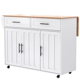 Modern Kitchen Trolley with 2 Drawers and Cabinets, Mobile Kitchen Island with Foldable Tabletop, 129L x 46W x 91.5H cm, White+Natural - Aosom UK - thumbnail 2