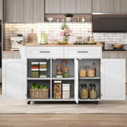 Modern Kitchen Trolley with 2 Drawers and Cabinets, Mobile Kitchen Island with Foldable Tabletop, 129L x 46W x 91.5H cm, White+Natural - Aosom UK - thumbnail 1