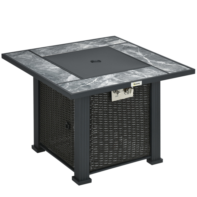 Outsunny Rattan Gas Fire Pit Table, Marble Top Patio Heater w/ Windscreen & Rain Cover, Outdoor Garden Centrepiece - Aosom UK - image 1