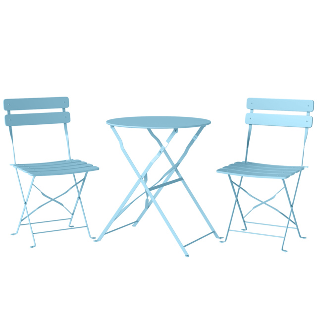 Outsunny Folding Garden Bistro Set, Outdoor Round Bistro Table and Chairs Set 2 with Electrophoresis Metal Frame, Light Blue - image 1
