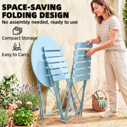 Outsunny Folding Garden Bistro Set, Outdoor Round Bistro Table and Chairs Set 2 with Electrophoresis Metal Frame, Light Blue - thumbnail 6