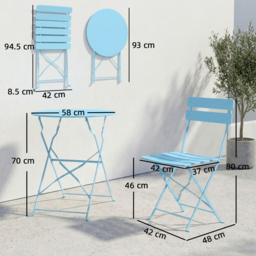 Outsunny Folding Garden Bistro Set, Outdoor Round Bistro Table and Chairs Set 2 with Electrophoresis Metal Frame, Light Blue - thumbnail 3