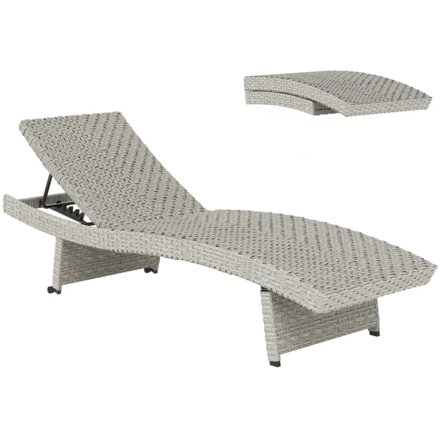 Outsunny Outdoor PE Rattan Sun Lounger, Folding Wicker Garden Lounger Recliner with 4-Level Adjustable Backrest, Rolling Sunbed Lounge Chair with Wheels, Non-Slip Legs for Balcony, Beach, Grey - image 1