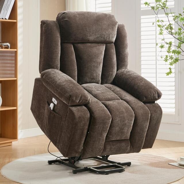 Electric Power Lift Recliner Armchair with Massage and Lumbar Heating, Sofa with Cup Holders & Side Pocket, 95L x 94W x 107H cm, Brown - Aosom UK - image 1