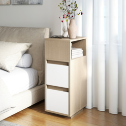 HOMCOM Slim Bedside Table, Narrow Bedside Cabinet with Open Shelf and 2 Drawers for Bedroom, Living Room, Natural Wood Finish - thumbnail 8
