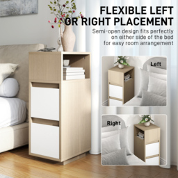 HOMCOM Slim Bedside Table, Narrow Bedside Cabinet with Open Shelf and 2 Drawers for Bedroom, Living Room, Natural Wood Finish - thumbnail 6