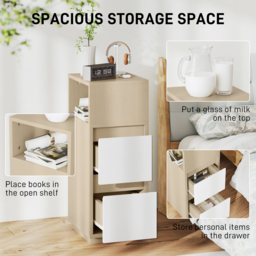 HOMCOM Slim Bedside Table, Narrow Bedside Cabinet with Open Shelf and 2 Drawers for Bedroom, Living Room, Natural Wood Finish - thumbnail 4