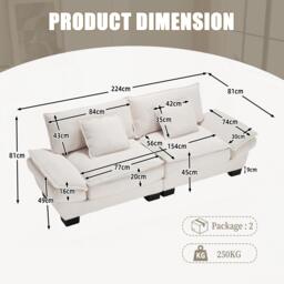 Oversized Cloud Sofa with Ergonomic High-Resilience Foam & 2 Lumbar Cushions, Modular Couch for 2 People, 224L x 81W x 81H cm, Beige - Aosom UK - thumbnail 3