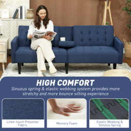 HOMCOM Upholstered Click Clack Sofa Bed, Linen-Feel 3 Seater Sofa Bed with Storage and Cupholders, Dark Blue - thumbnail 7