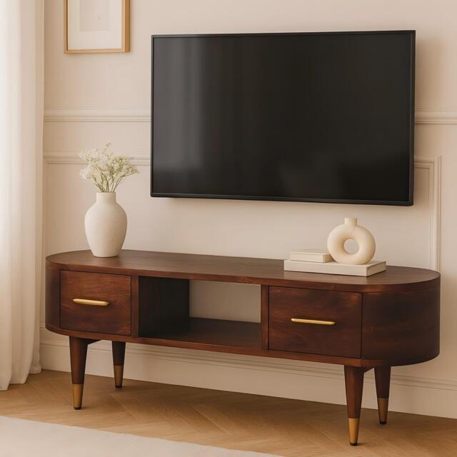 Solid Mango Wood Open-Slot Media Unit with Hand-Finished Detailing, TV Unit with Smooth-Gliding Drawers, 30L x 100W x 40H cm, Brown - Aosom UK - image 1