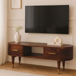 Solid Mango Wood Open-Slot Media Unit with Hand-Finished Detailing, TV Unit with Smooth-Gliding Drawers, 30L x 100W x 40H cm, Brown - Aosom UK