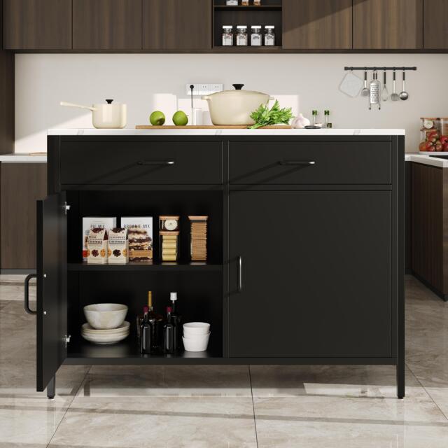 Standing Bar Table with MDF Top and Iron Legs, Marble Kitchen Island Table with Adjustable Shelves, 100L x 90W x 90H cm, Black - Aosom UK - image 1