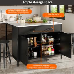 Standing Bar Table with MDF Top and Iron Legs, Marble Kitchen Island Table with Adjustable Shelves, 100L x 90W x 90H cm, Black - Aosom UK - thumbnail 4