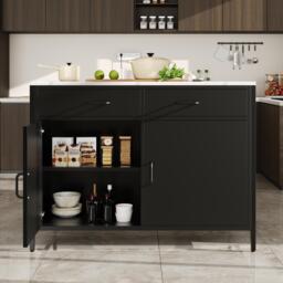 Standing Bar Table with MDF Top and Iron Legs, Marble Kitchen Island Table with Adjustable Shelves, 100L x 90W x 90H cm, Black - Aosom UK