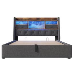 Upholstered Hydraulic Bed with LED Ambient Lighting, Linen Grey Bed Frame with Storage Headboard, 208L x 147W x 116H cm, Grey - Aosom UK - thumbnail 2