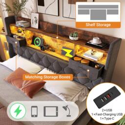 Upholstered Hydraulic Bed with LED Ambient Lighting, Linen Grey Bed Frame with Storage Headboard, 208L x 147W x 116H cm, Grey - Aosom UK - thumbnail 4
