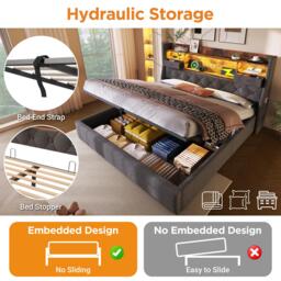 Upholstered Hydraulic Bed with LED Ambient Lighting, Linen Grey Bed Frame with Storage Headboard, 208L x 147W x 116H cm, Grey - Aosom UK - thumbnail 5