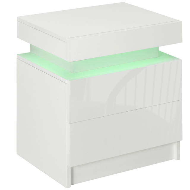 HOMCOM White Bedside Cabinets with LED Light, High Gloss Front Nightstand with 2 Drawers, for Living Room, Bedroom - image 1