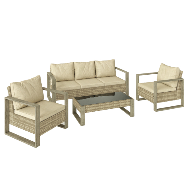 Outsunny 4 Piece Rattan Garden Furniture Set with 3-Seater Sofa, Armchairs, Table, Aluminium Frame Patio Conversation Set, Khaki - Aosom UK - image 1