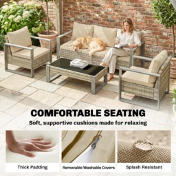 Outsunny 4 Piece Rattan Garden Furniture Set with 3-Seater Sofa, Armchairs, Table, Aluminium Frame Patio Conversation Set, Khaki - Aosom UK - thumbnail 7