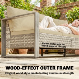 Outsunny 4 Piece Rattan Garden Furniture Set with 3-Seater Sofa, Armchairs, Table, Aluminium Frame Patio Conversation Set, Khaki - Aosom UK - thumbnail 6