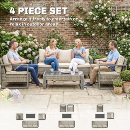 Outsunny 4 Piece Rattan Garden Furniture Set with 3-Seater Sofa, Armchairs, Table, Aluminium Frame Patio Conversation Set, Khaki - Aosom UK - thumbnail 4