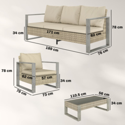 Outsunny 4 Piece Rattan Garden Furniture Set with 3-Seater Sofa, Armchairs, Table, Aluminium Frame Patio Conversation Set, Khaki - Aosom UK - thumbnail 3
