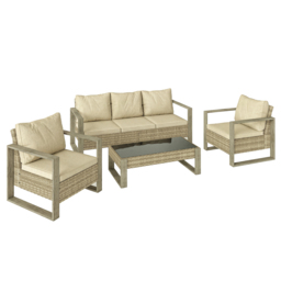 Outsunny 4 Piece Rattan Garden Furniture Set with 3-Seater Sofa, Armchairs, Table, Aluminium Frame Patio Conversation Set, Khaki - Aosom UK