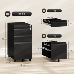 Vinsetto 3-Drawer Steel Filing Cabinet with Lock and Wheels - Black - thumbnail 3
