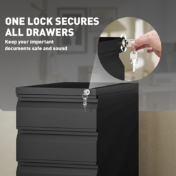 Vinsetto 3-Drawer Steel Filing Cabinet with Lock and Wheels - Black - thumbnail 6